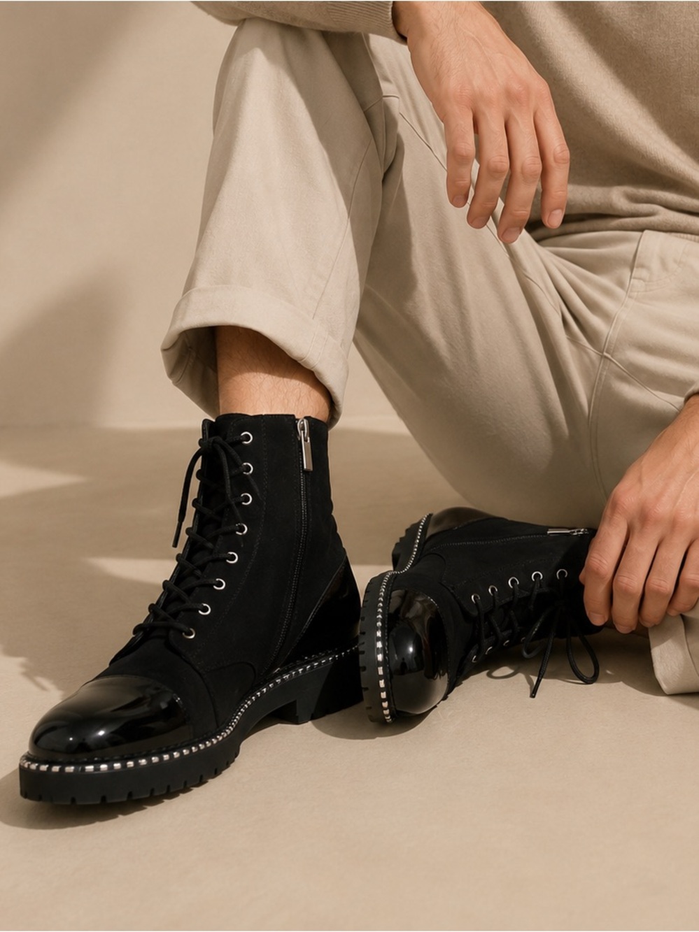 Bamboo Black Patent Cap Toe Lace-Up Combat Boots Chunky Lug Sole 7.5